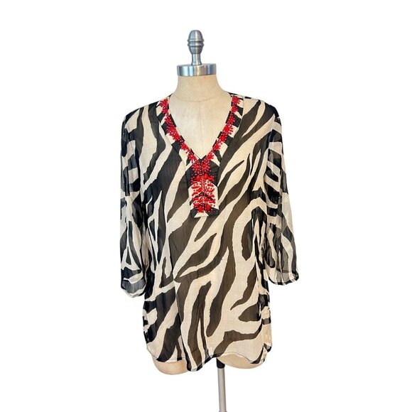 Chicos Zebra Zambie Elora Sheer Beaded Tunic Top Size 1 Medium Black & Tan NWT - Picture 1 of 5